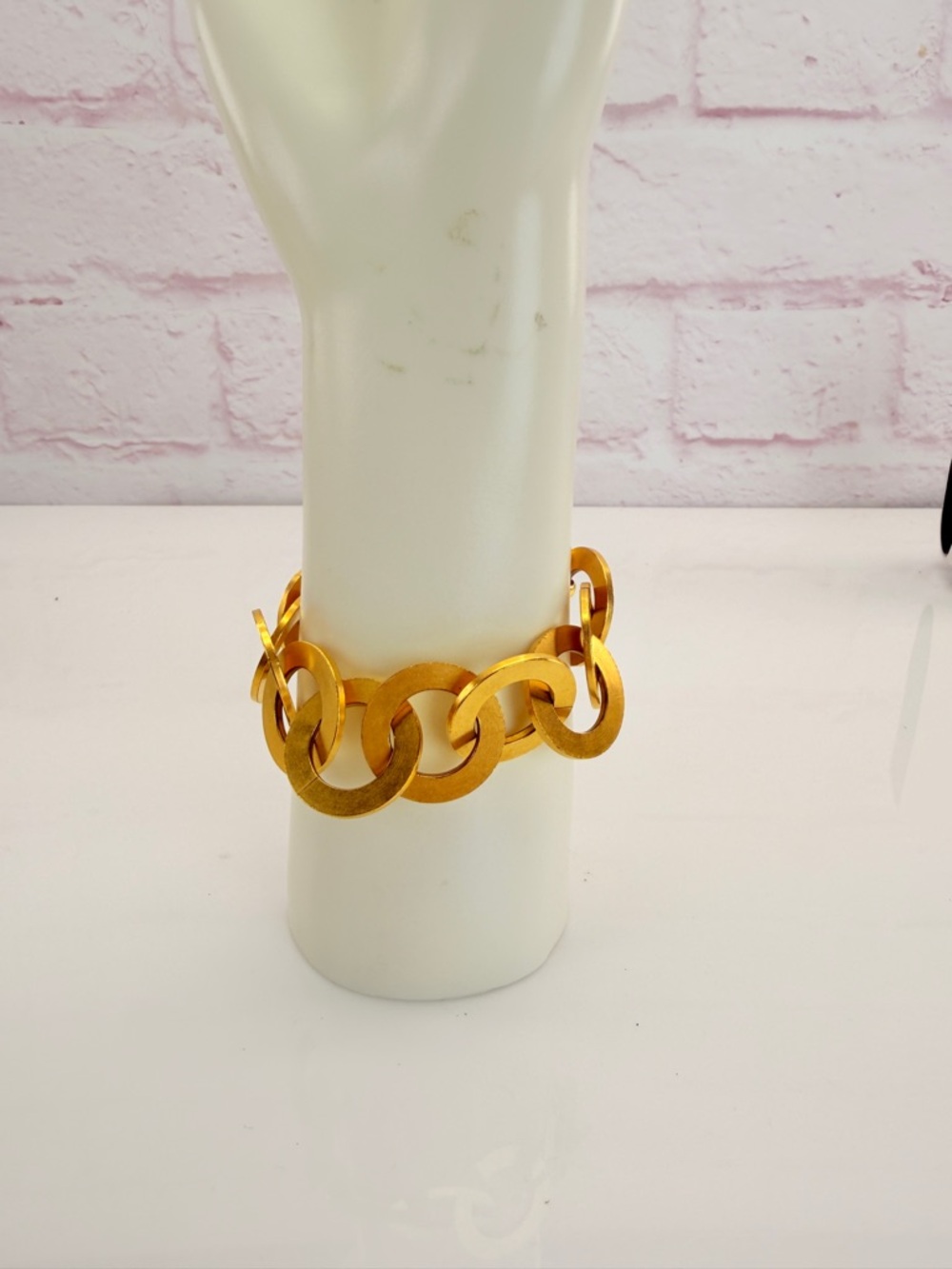Chanel Gold Hammered Metal Round Chain Link CC Clover Charm Bracelet - Picture 5 of 12